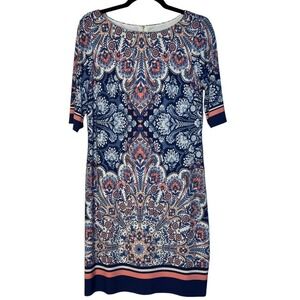 Eliza J Sheath Dress Blue Pink Paisley Print 3/4 Sleeve Boat Neck Lined Resort 8